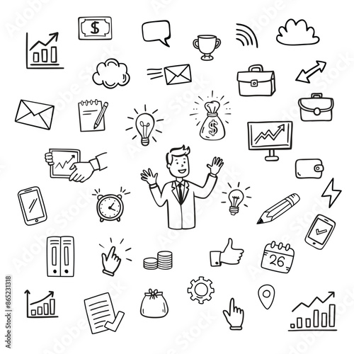 Hand drawn doodle business icons set isolated on white background.
