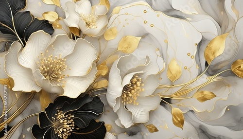 Floral wallpaper on a marble background in black and gold. Beautiful wallpaper in a painting style