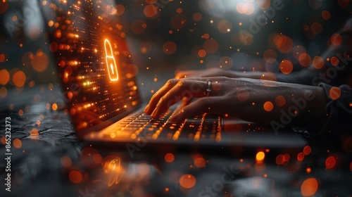 importance of cyber security - danger of cyber-attacks, laptop on desk in modern office with red glow and a padlock on the screen, Ai