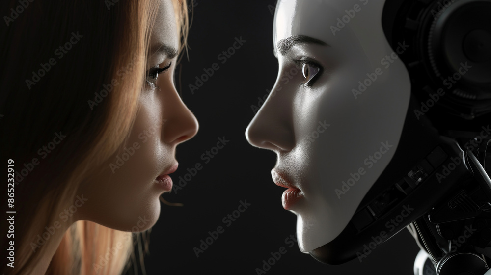 Fototapeta premium Woman opposite AI. The concept of confrontation between humanity and artificial intelligence