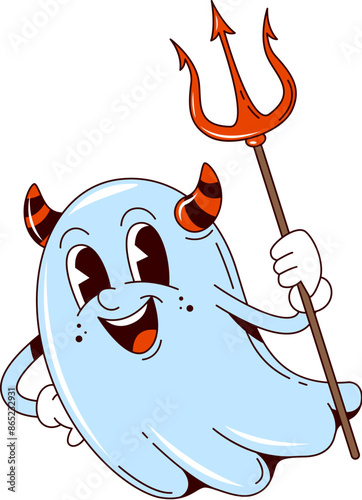 Cartoon retro groovy Halloween ghost character with trident. kawaii spook wearing red devil horns completed with pitchfork, for a whimsical party look. Cute vector charming personage in vintage style