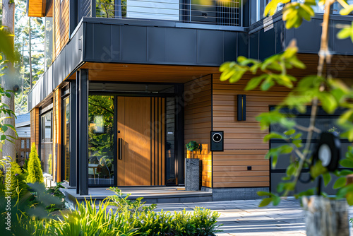 A detailed photo of a modern home’s exterior with smart home security features, including a video doorbell and smart lock, highlighting safety and technology 