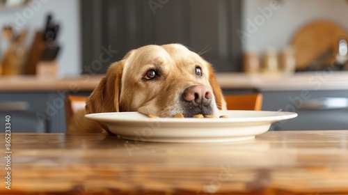 Amusing dog at table eager for meal