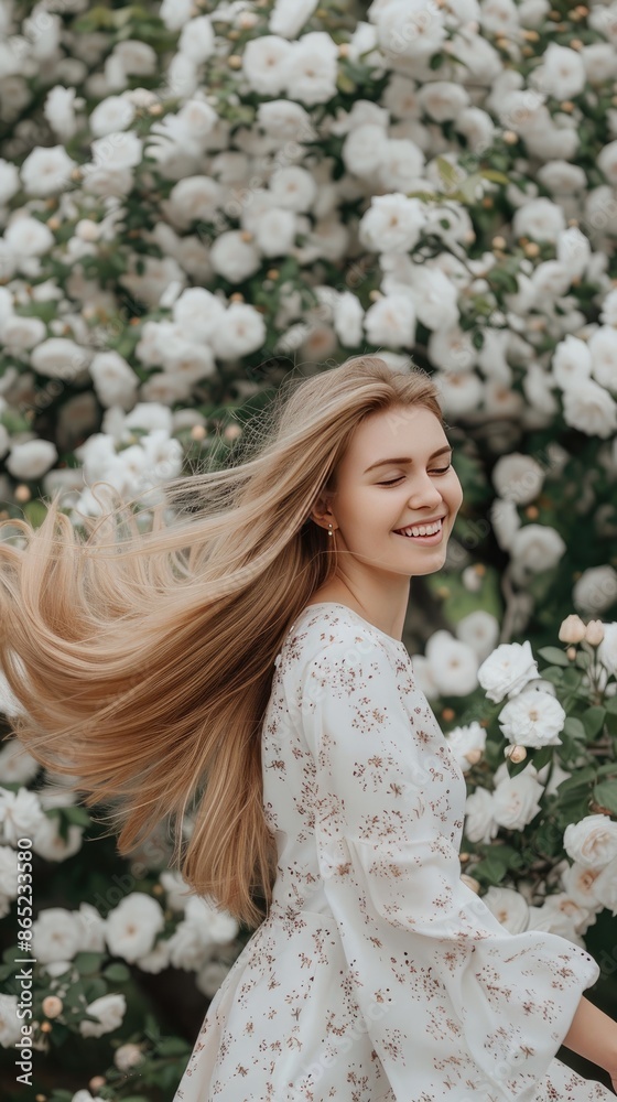 A young woman with long blonde hair smiles warmly as she stands surrounded by blooming flowers, her floral dress complementing the vibrant blossoms A young woman with long blonde hair smiles warmly as she stands surrounded by blooming flowers, her floral dress complementing the vibrant blossoms