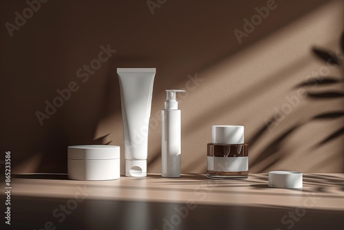 3D rendering of white cosmetic products on beige and brown background, palm leaves, mockup, cosmetic creams of different types
