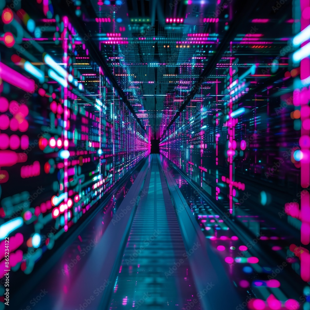 Fototapeta premium Mysterious neon matrix with high-tech scientific algorithms and deep electronic patterns.