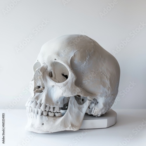 Front view human skull sculpture on white background with left side lighting, emphasizes realism. photo