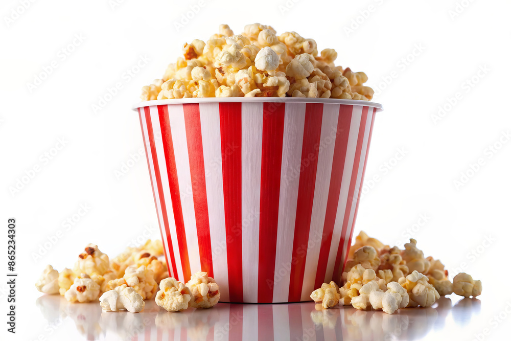 Popcorn in a paper striped white-red cup on a white background, isolate Popcorn in a paper striped white-red cup on a white background, isolate