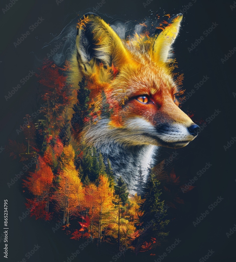 Double exposure artwork featuring fox in vibrant forest scene, yellow and red tones, high resolution, dark backdrop. Double exposure artwork featuring fox in vibrant forest scene, yellow and red tones, high resolution, dark backdrop.