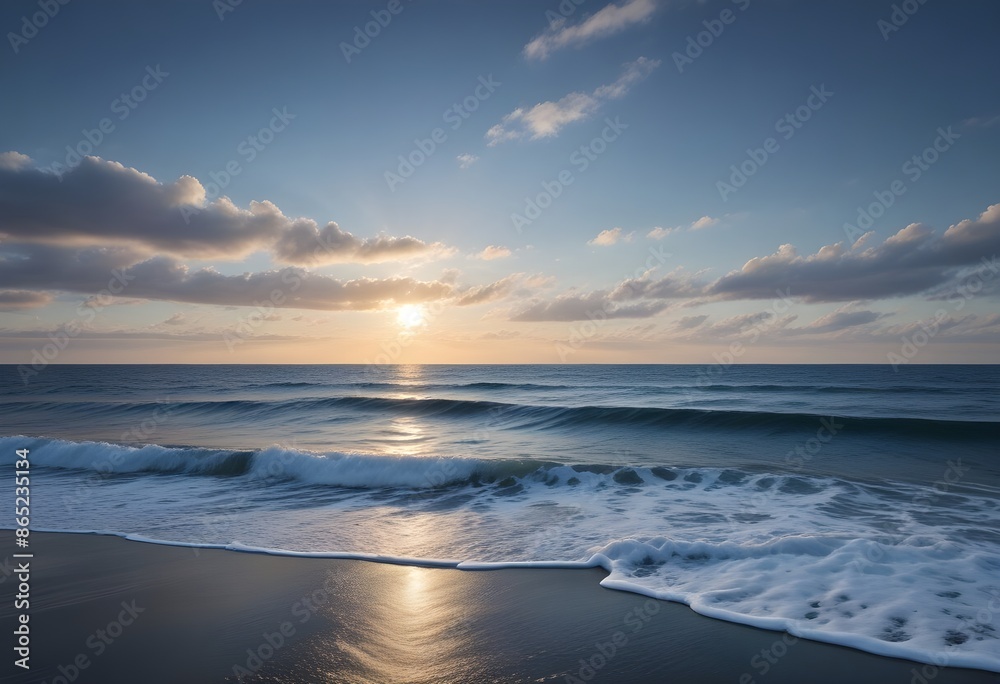 Fototapeta premium sunset over the sea, sand beach, summer day, some clouds, pink light