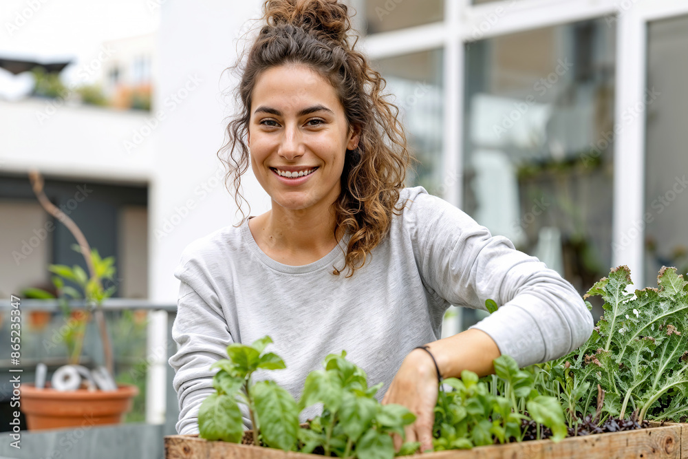 A young woman smiles while tending to her urban garden, growing fresh vegetables in a raised bed. A young woman smiles while tending to her urban garden, growing fresh vegetables in a raised bed.