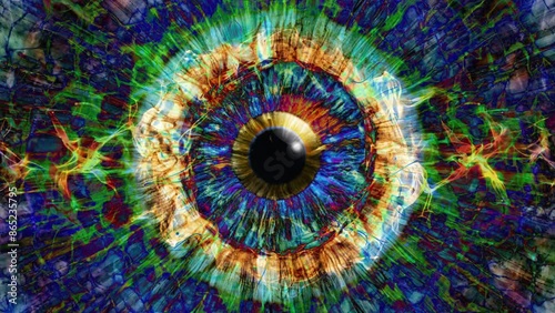 Close-up of a human iris with psychedelic multicolored patterns