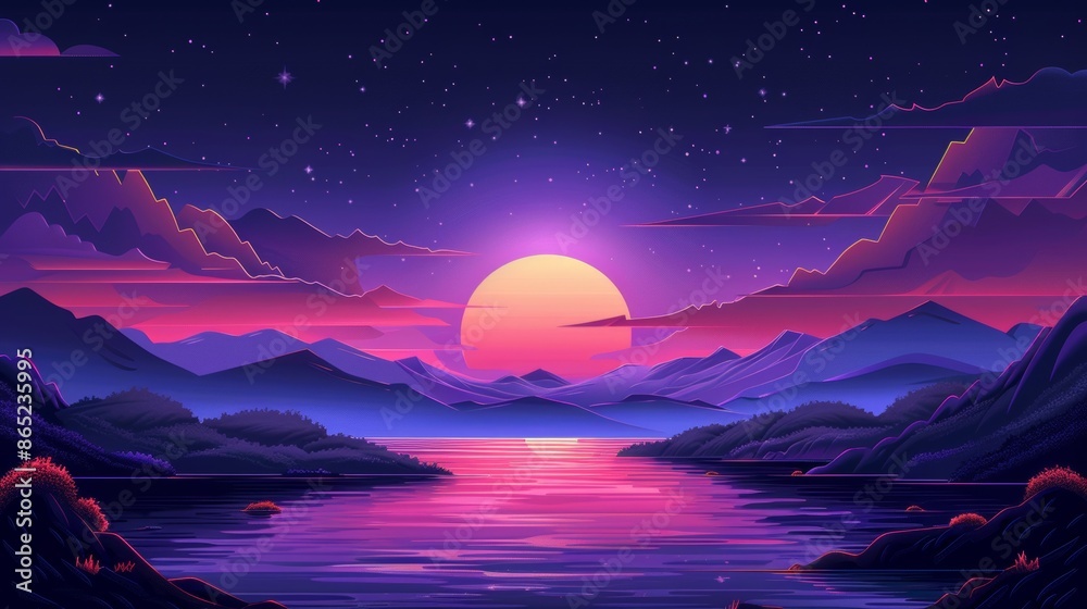 Minimalist pop art style illustration of a picturesque valley with a nice purple night ambiance. Minimalist pop art style illustration of a picturesque valley with a nice purple night ambiance.