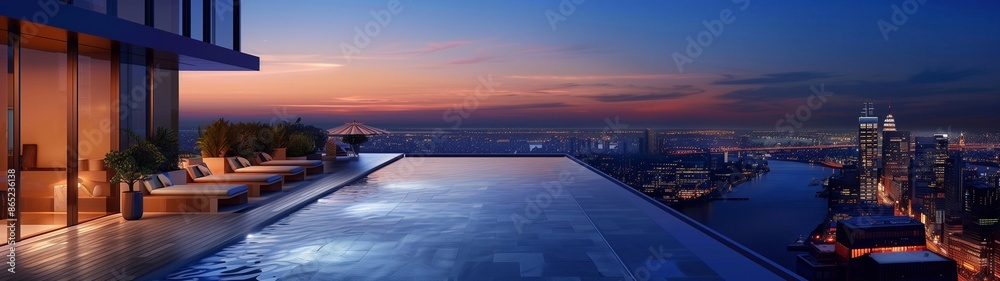 Rooftop infinity pool on a high-rise building overlooks a city skyline ...