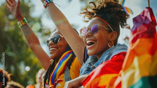 Happy young diverse women celebrating at a pride parade photo