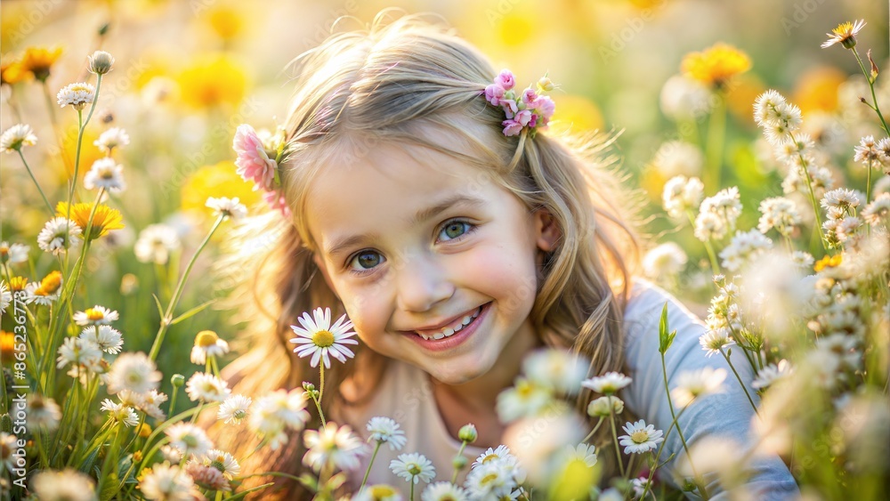 close up portrait of cute happy girl in flower blossom field close up portrait of cute happy girl in flower blossom field