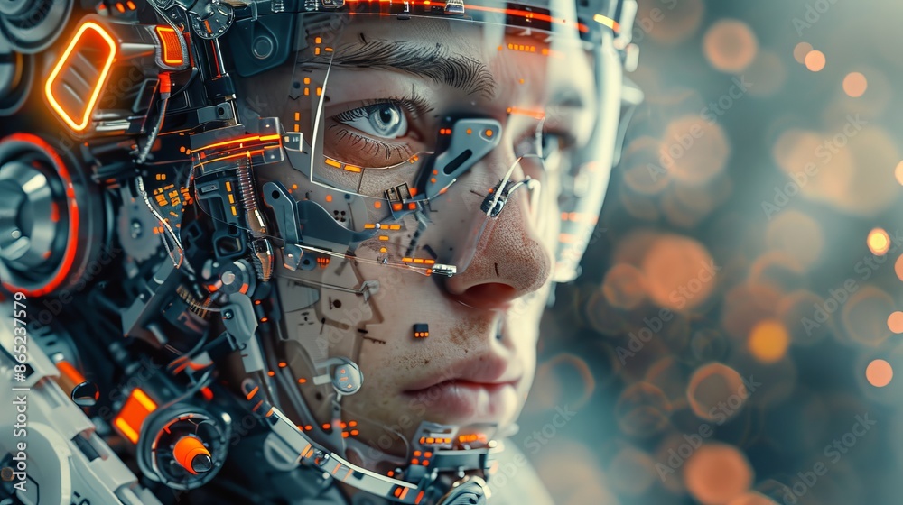 Digital art portrait of semi-cyborg mechanic created in generative AI style. Digital art portrait of semi-cyborg mechanic created in generative AI style.