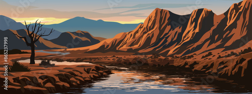 Illustration of sunset landscape with mountain and river