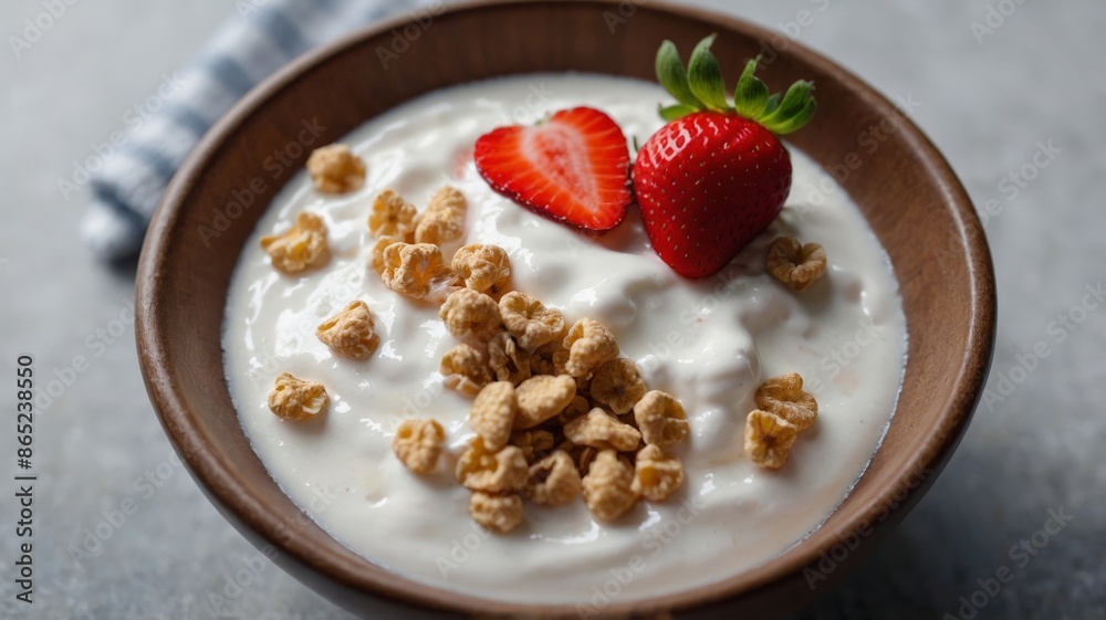 Bowl with cereal, yogurt and strawberry, concept of healthy eating, healthy living. Bowl with cereal, yogurt and strawberry, concept of healthy eating, healthy living.