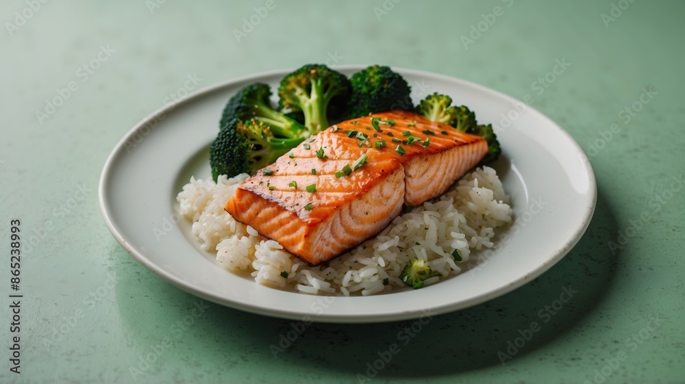 Rice, grilled salmon and broccoli, concept of healthy lifestyle, healthy eating. Rice, grilled salmon and broccoli, concept of healthy lifestyle, healthy eating.
