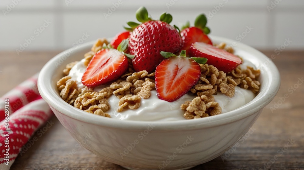 Bowl with cereals, yogurt and strawberries, healthy eating and healthy breakfast concept.