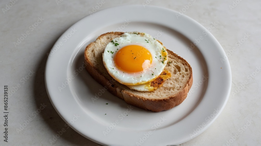 Fried egg in sliced bread on a white plate, concept of healthy eating and healthy breakfast. Fried egg in sliced bread on a white plate, concept of healthy eating and healthy breakfast.