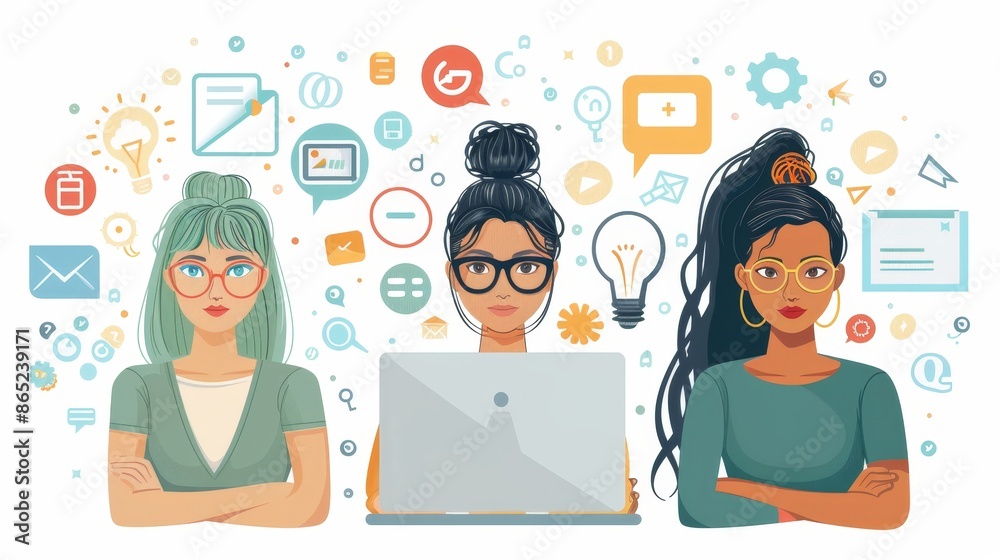 Fototapeta premium Teamwork concept with three women looking at monitor, surrounded by email icons, light bulb, question mark, and speech bubbles. Flat design vector.