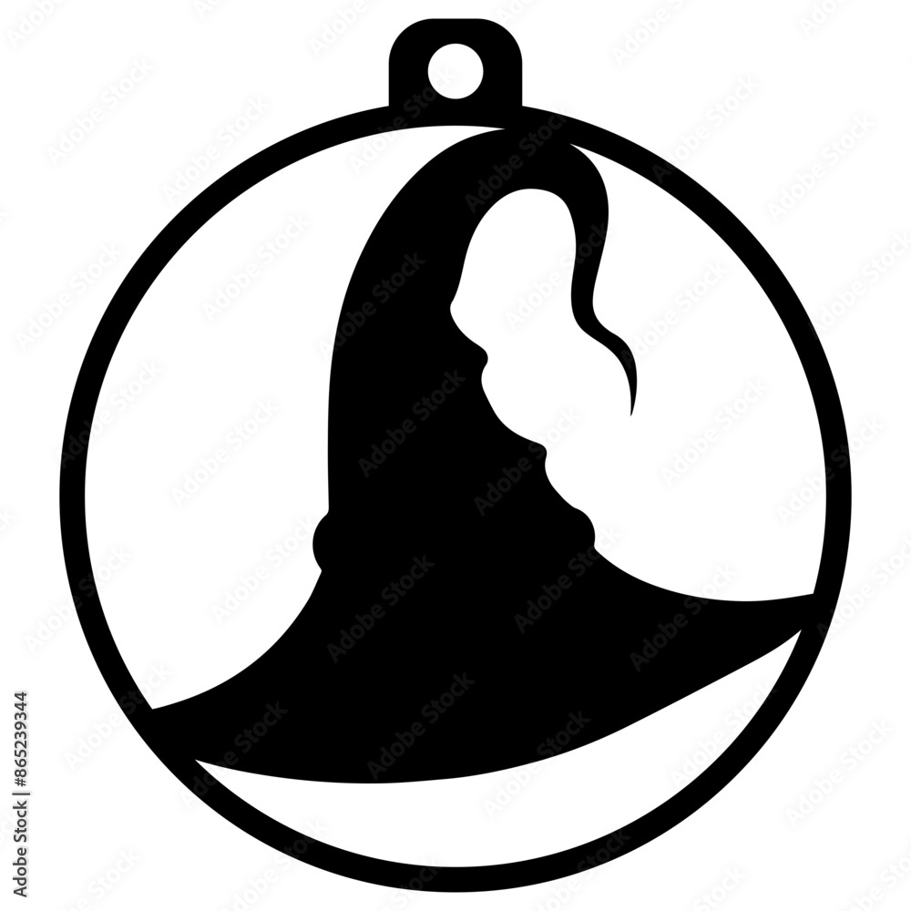 A silhouette of a witch hat inside a circular ornament