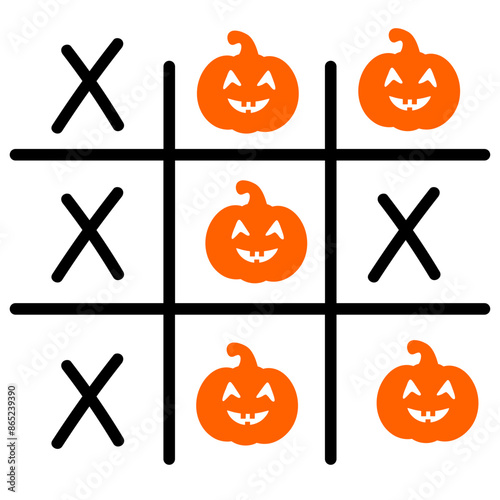 A tic-tac-toe game board with black X's and orange pumpkin jack-o'-lantern symbols, representing a Halloween-themed game