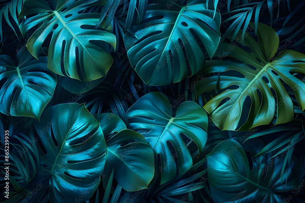 Vibrant tropical monstera leaves in moody blue lighting, creating a lush and exotic jungle atmosphere. Perfect for nature backgrounds. Vibrant tropical monstera leaves in moody blue lighting, creating a lush and exotic jungle atmosphere. Perfect for nature backgrounds.