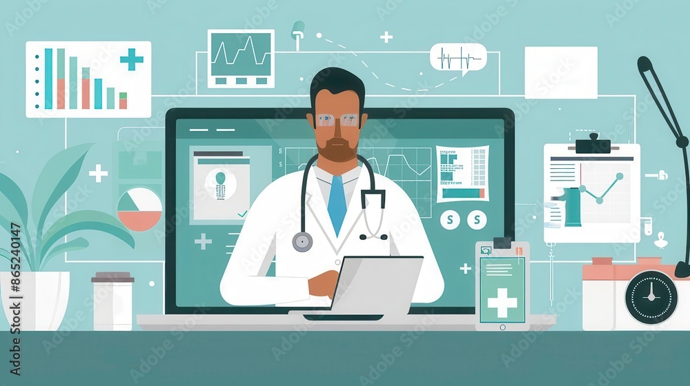 A doctor conducting an online medical appointment on a laptop, with patient medical records and charts visible on the screen, showcasing the efficiency and accessibility of virtual consultations A doctor conducting an online medical appointment on a laptop, with patient medical records and charts visible on the screen, showcasing the efficiency and accessibility of virtual consultations