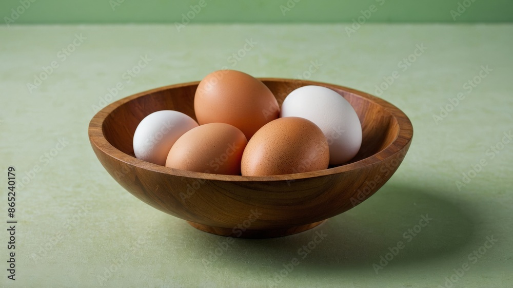 Several chicken eggs in a wooden bowl, healthy eating concept. Several chicken eggs in a wooden bowl, healthy eating concept.
