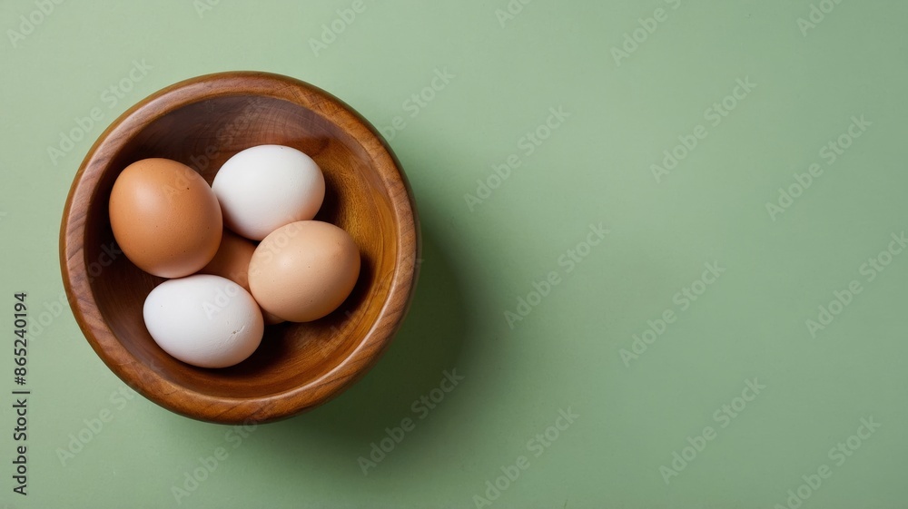 Several chicken eggs in a wooden bowl, healthy eating concept. Several chicken eggs in a wooden bowl, healthy eating concept.
