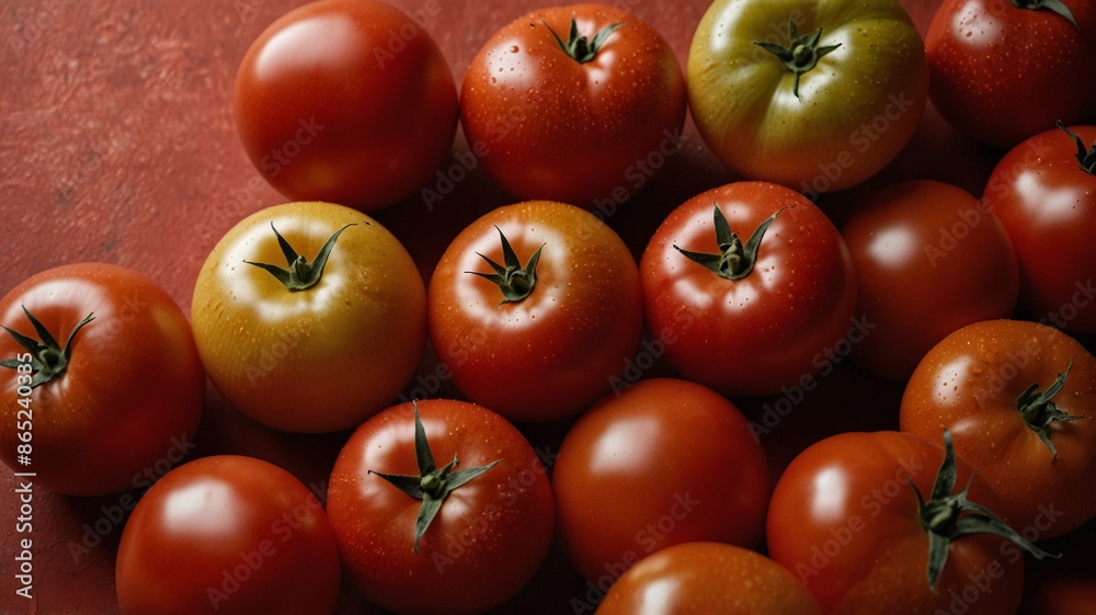 Various ripe tomatoes on red background, cooking concept, vegetables.