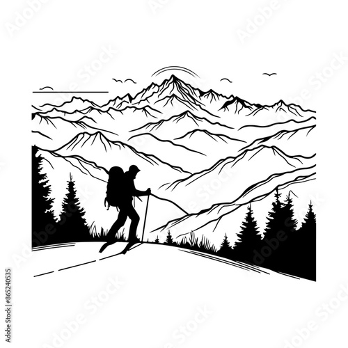 Line art drawing of People Hiking Mountain with stick black vector silhouettes illustration