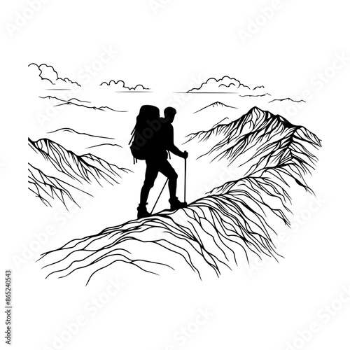 Line art drawing of People Hiking Mountain with stick black vector silhouettes illustration