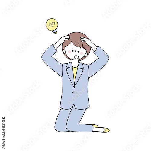 頭を抱えていたがひらめいた膝をついたスーツの女性のイラスト