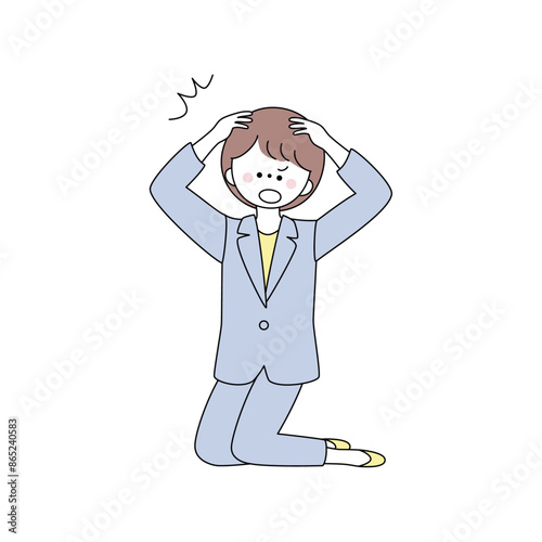 驚いて頭を抱える膝をついたスーツの女性のイラスト