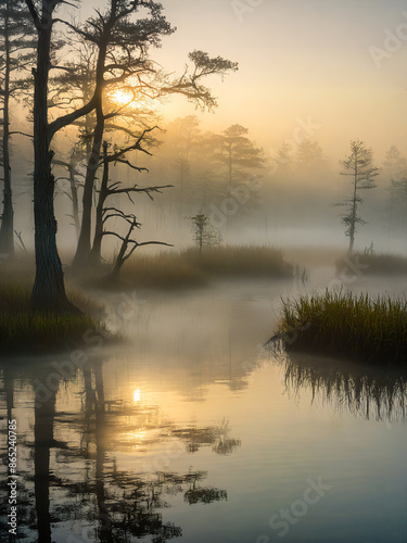  A breathtaking sunrise paints the sky with golden hues as the morning mist rises from a tranquil cypress swamp. The serene water reflects the ethereal beauty of the landscape