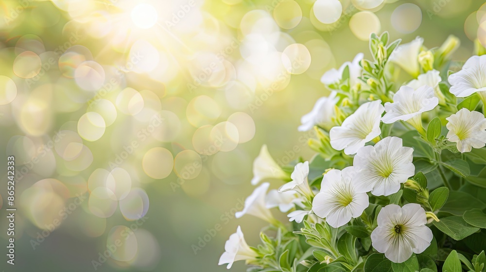 A close-up image of white petunias in full bloom, captured in a summer garden A close-up image of white petunias in full bloom, captured in a summer garden