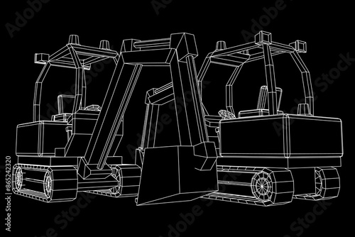Heavy equipment excavator machine manufacturing power equipment for open pit mining. Wireframe low poly mesh vector illustration