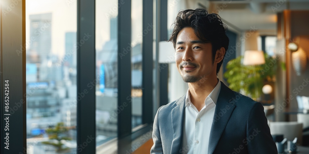 japanese businessman in conference room looking out the window smile, ai japanese businessman in conference room looking out the window smile, ai