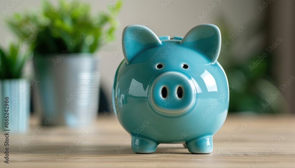 Fototapeta premium A blue piggy bank sits on a wooden table
