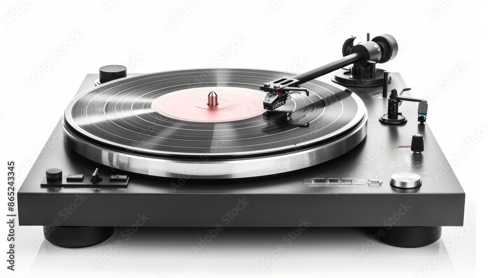 Vinyl record on white surface with modern turntable Vinyl record on white surface with modern turntable