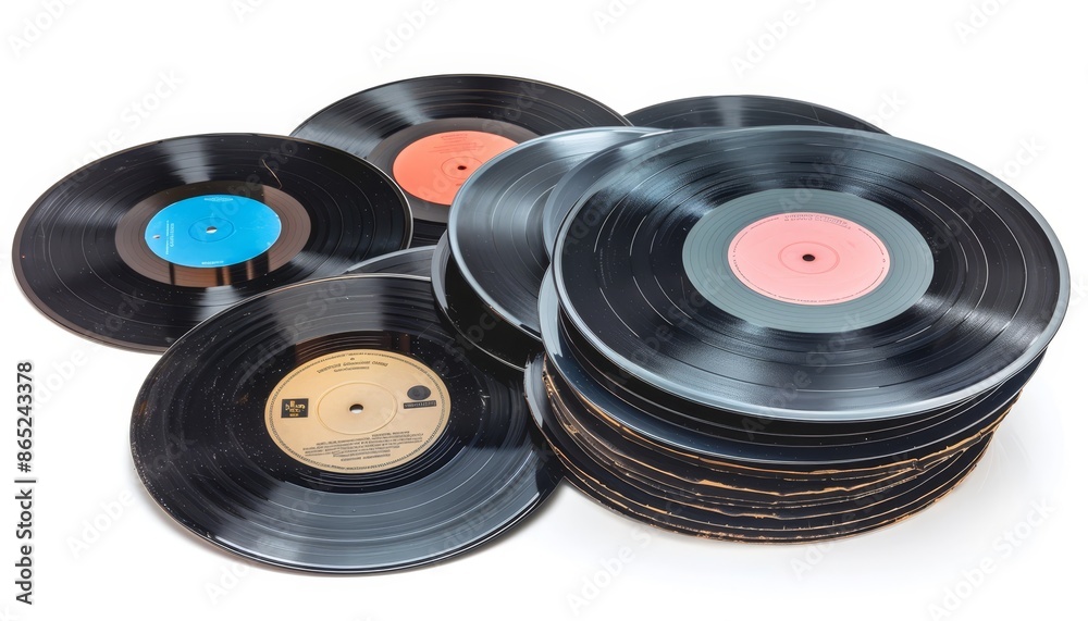 Vinyl records stacked on a white surface Vinyl records stacked on a white surface