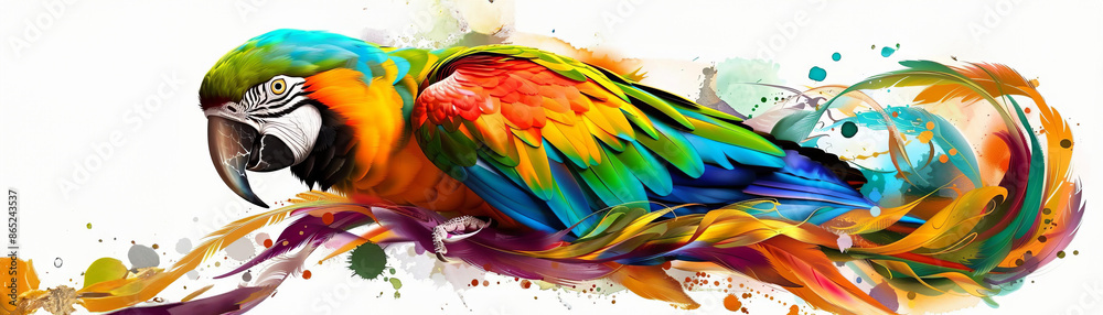 Fototapeta premium a parrot flat design side view theme of exotic wildlife water color Split-complementary color scheme, isolated on white,