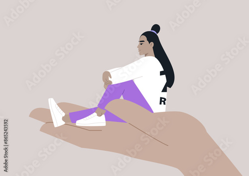 A young character sitting on a hand palm, psychotherapy, help and support, a counseling session