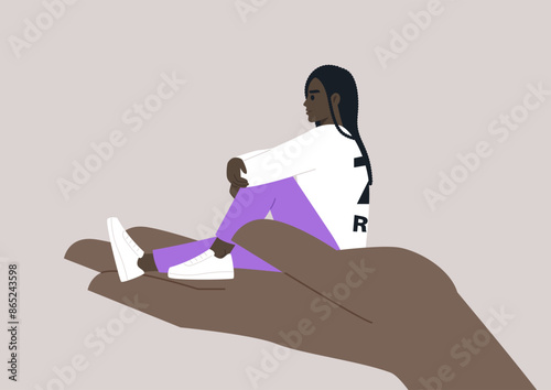 A young character sitting on a hand palm, psychotherapy, help and support, a counseling session