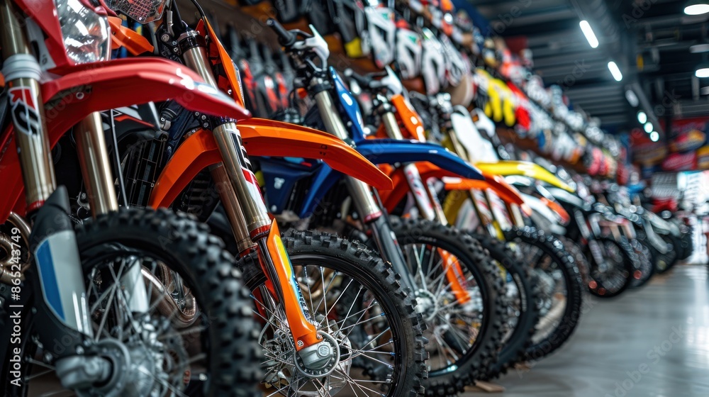 Obraz premium A store sells motocross motorcycles in different colors