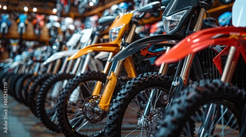 A store sells motocross motorcycles in different colors © sirisakboakaew